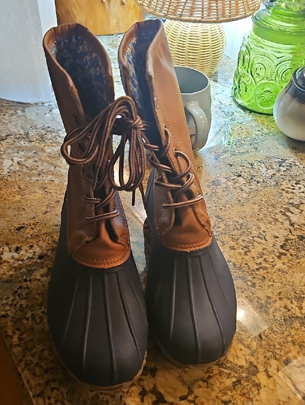 Women's Size 8 Brown and Navy Lace-Up Waterproof Winter Boots Floral Inside New